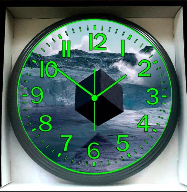 Black Cube Saturn Glow In The Dark Wall Clock New!