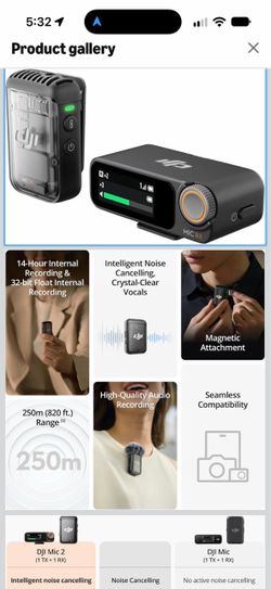 DJI Mic 2 (1 TX + 1 RX), Wireless Mic with Intelligent Noise Cancelling