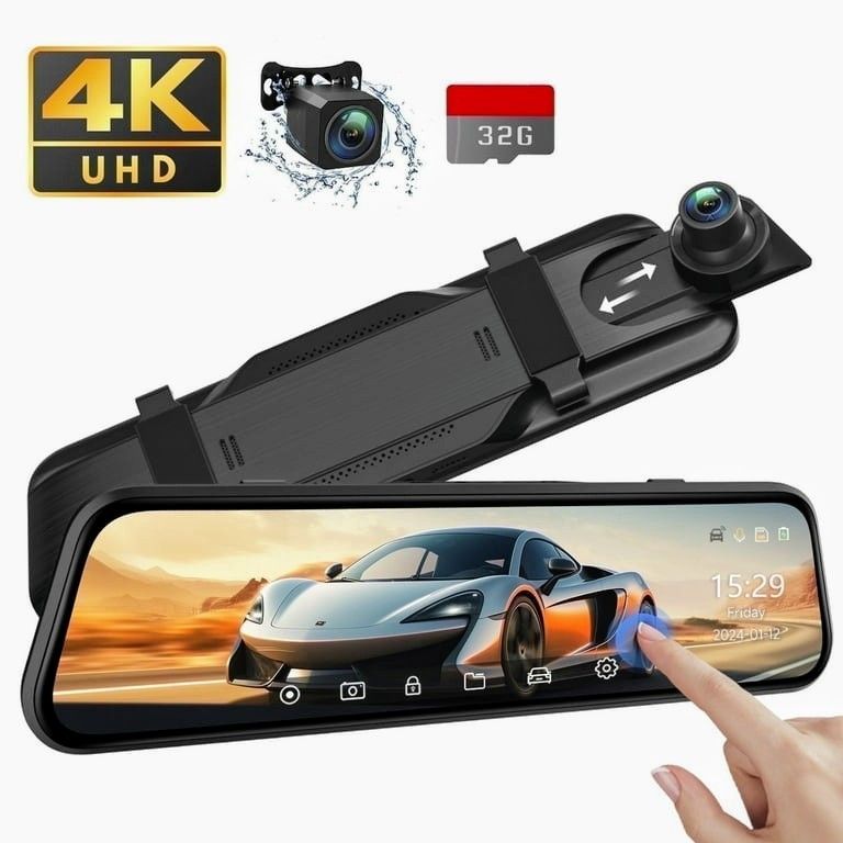4K UHD Dual Dash Cam Front and Rear, 10"Touch Screen Mirror Camera