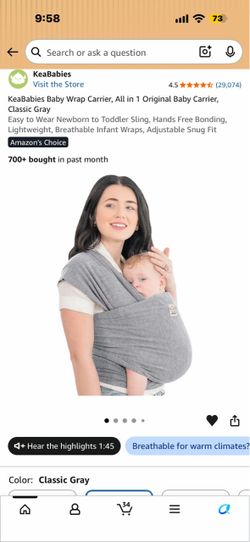 KeaBabies Original Baby Wrap Carrier - Classic Gray (Brand New)