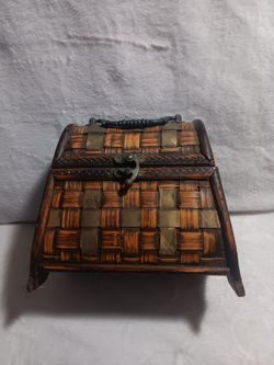 Vintage Woven Wood and Brass Trinket Box