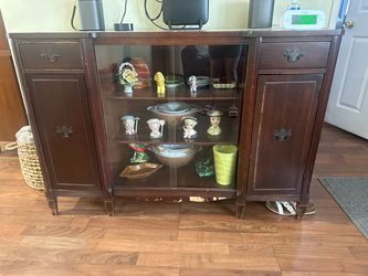 Antique Dark Wood Buffet Cabinet with Glass Display