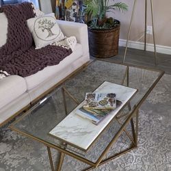 CB2 Gold and Marble Glass Coffee Table