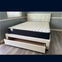 Queen White Platform Bed With Ortho Mattress Included!!