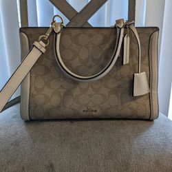Coach F69075 Zoe Carryall in Light Khaki Signature Coated Canvas Monogram with Chalk Calf Leather Details - Women's Top Handle Bag

