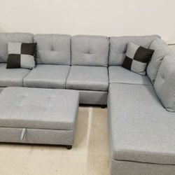 Brand New Light Gray Linen Sectional With Storage Ottoman 