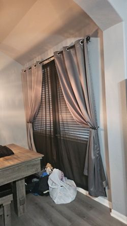 Gray 96-in curtains with black sheer background curtains