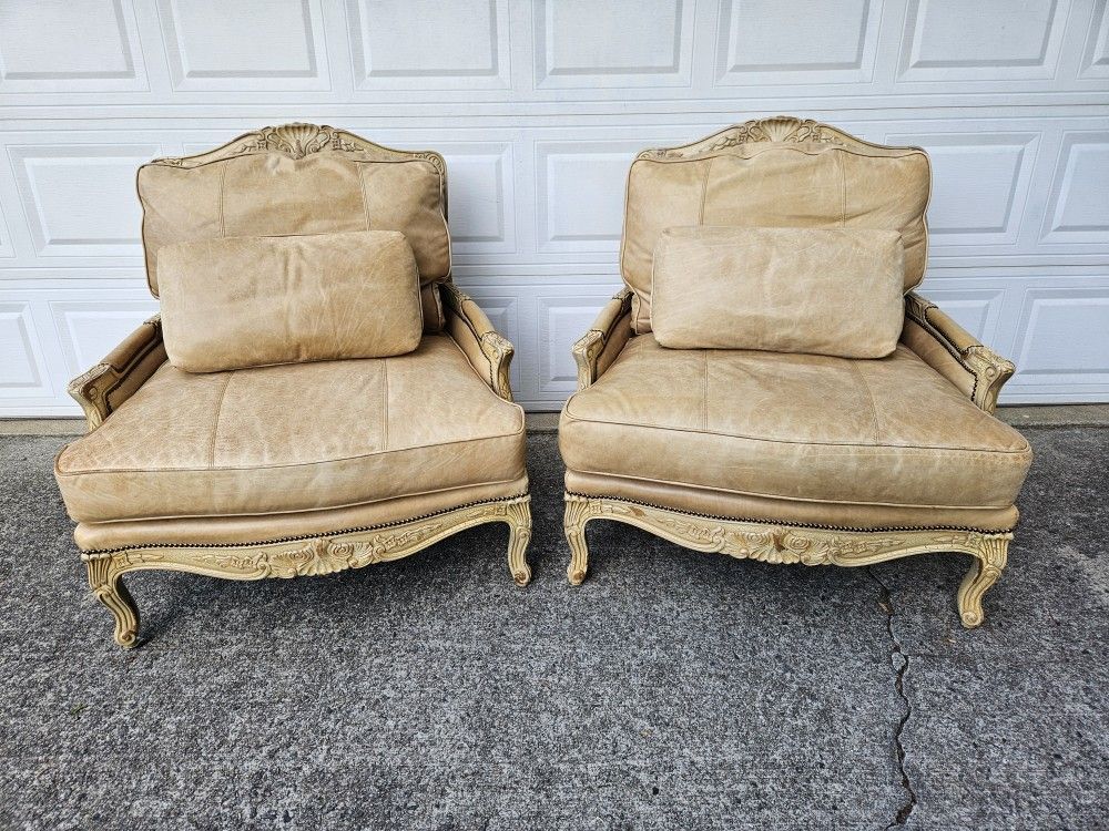 2 Old Hickory Tannery Bergere Oversized Leather Chairs Armchairs