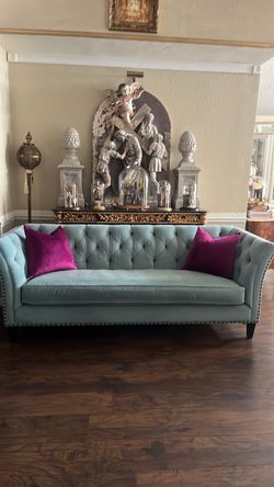 POWDER BLUE VELVET, TUFTED SOFA