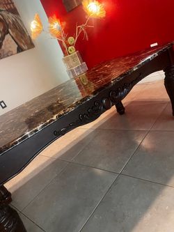 Large Marble Top Dining Table with Carved Wood Base
