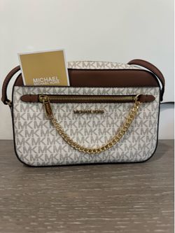 Michael Kors Beige/Brown Signature Small Messenger Bag with Gold Chain