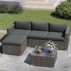 2548g $240 5 Piece Outdoor Patio Sectional Furniture Set, Weather Resistant Rattan Outside Couch, Waterproof Conversation Sofa for Balcony, Porch, Ba