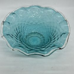 Vtg Fenton Blue Turqoise Bowl With Clear Silver Crest Boarder Diamond Interior