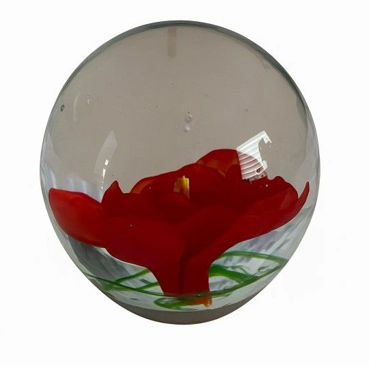 Vintage Art Glass Red Petaled Flower Glass Paperweight Round