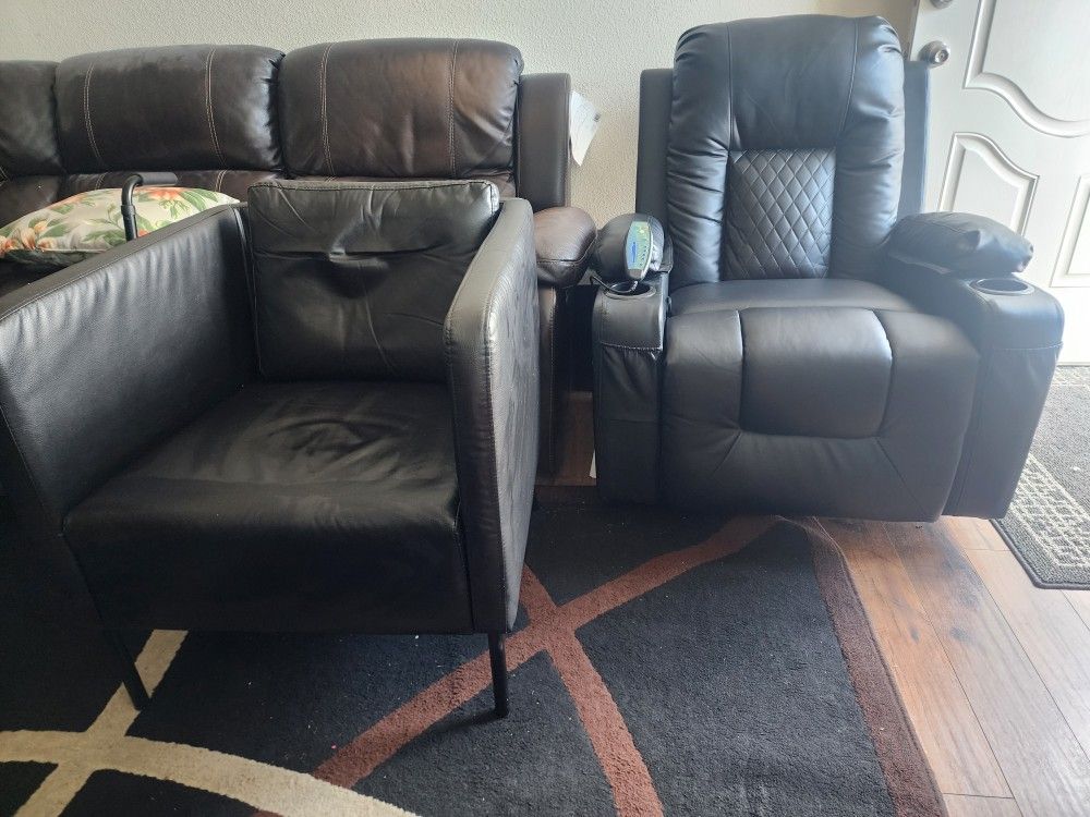 2 Faux Leather Black Chairs/Recliner