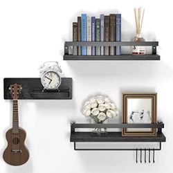 BAGBEL Floating Shelves Wall Mounted, Rustic Wood Wall Shelves, Storage Shelves for Bathroom, Bedroom, Living Room, Set of 3, Black