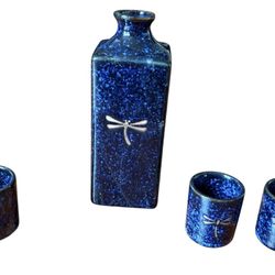 Sake Japanese Traditional Dark Blue 4 Pc Dragonfly Design Set