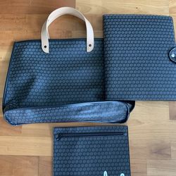 Large Black Geometric Pattern Tote Bag with Beige Handles and Pouch