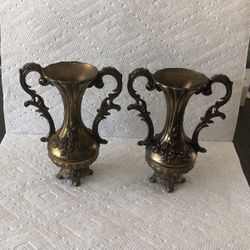 Two small floral design ornamental metal bud vases. Made in Italy 5” tall