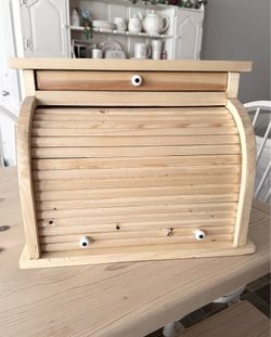 Handcrafted Appalachian Solid Pine Roll Top Bread Box with Drawer & Porcelain Knobs
