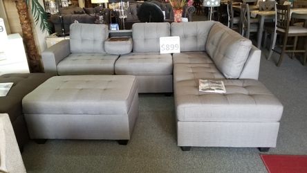 Brand new 102" x 81" grey linen reversible sectional + storage ottoman