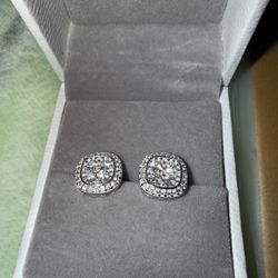 Iced Out Cushion Double Halo White Gold Plated Screw Earrings 