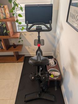 Peloton + Bike with mat and weights, great condition