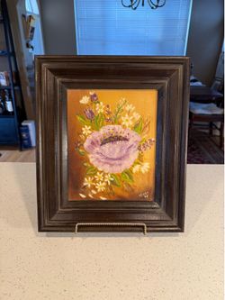 Vintage Floral Oil Painting Signed 1975 Framed Cottage Farmhouse Wall Art Lavender Flowers