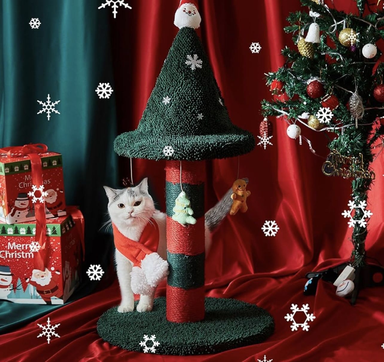 Cat Scratching Post with 4 Hanging Plush Toy Christmas Xmas Tree Gifts for Pets