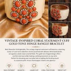 Vintage Inspired Coral Statement Cuff Bracelet Gold Tone Hinged Bangle Chunky Boho Glam