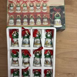 Vintage JOBARS 12 Days Of Christmas Porcelain Bell Set 1996 Ornament Set W Box