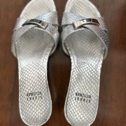 STUART WEITZMAN BANDIT Silver Leather Snake Slides Sandals 6.5M Buckle Designer