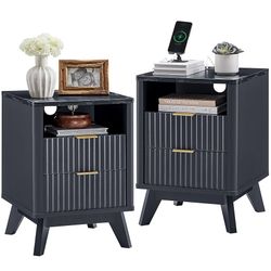 Fluted Nightstand with Charging Station, 18" Modern Side Table with Faux Marble Top, 2 Drawers End Table w/Storage, Bedside Table for Bedro