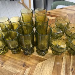 1970's Vintage Olive Green Glassware