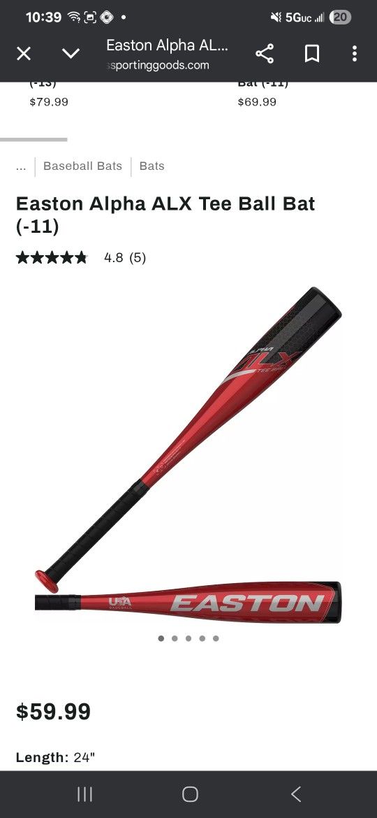 NEW EASTON ALPHA ALX-11 BASEBALL BAT T-BALL