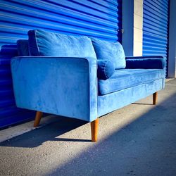 Blue Suede Microfiber Mid-Century Modern Sofa