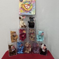 TY Beanie Babies Lot of 11 With Tags and Acrylic Cases + Sealed Official Membership Kit Collectible