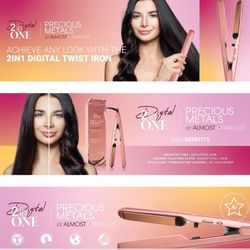 PRECIOUS METALS ALMOST FAMOUS FLAT IRON ROSE STRAIGHTENER/ CURLER 2 IN 1 PINK