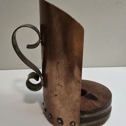 Primitive Copper Candle Holder Vintage Copper & Wood Base Ornate Handle 5"