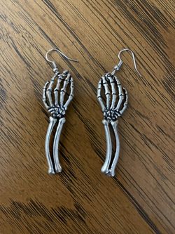 Spooky Goth Silver Toned Skeleton Hands Dangle Earrings