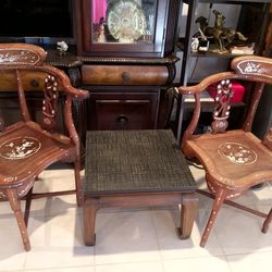 Matching Set Chinese Solid Rosewood Corner Angle Side Armchair with carved mother of pearl ornamentation inlay. Imported From China In 1950s