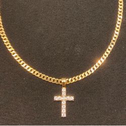 14k Gold Vermeil Cross Pendant Cuban Curb Set