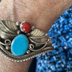 Turquoise And Coral Navajo Bracelet 