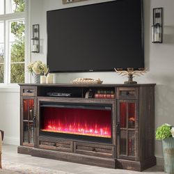 Fireplace TV Stand for 80 Inch TV, Farmhouse Entertainment Center with 42" Fireplace & LED Lights, Modern Media Console Table with Storage Drawers & C