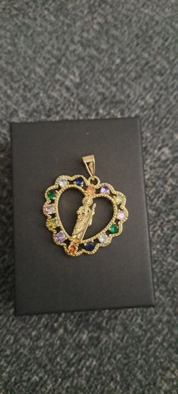 Fashion Brass Gold-Tone Saint Jude Heart Pendant Multicolor 8.8g 1.7” 