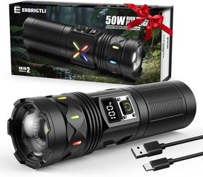 Flashlights High Lumens 10000 Rechargeable, Super Bright 50W LED, Long Running 15 Hours, USB C Input & USB Output, Zoomable 3 Modes, Powerful Strong F