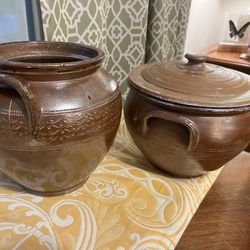 Pair of Antique French Glazed Stoneware Confit Crock with Handles