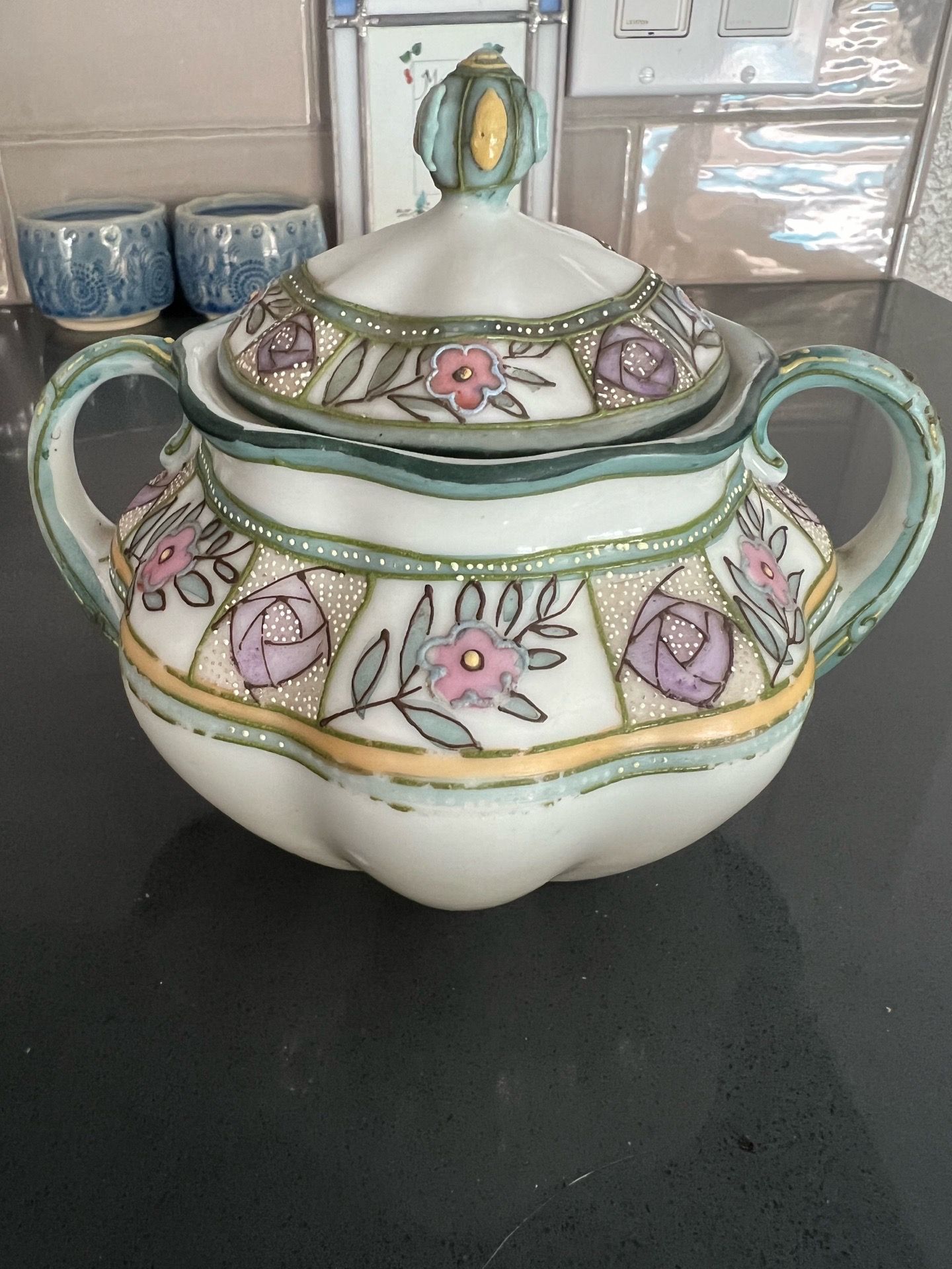 Vintage Nippon Hand Painted Porcelain Floral Moriage Sugar Bowl with Lid