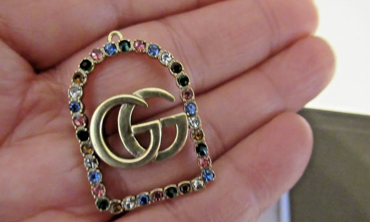 Unique GUCCI  ZIPPER PULL CHARM bronzy GOLD metal , colored stones