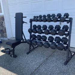 Rubber Dumbbells 5-50 with rack and bench